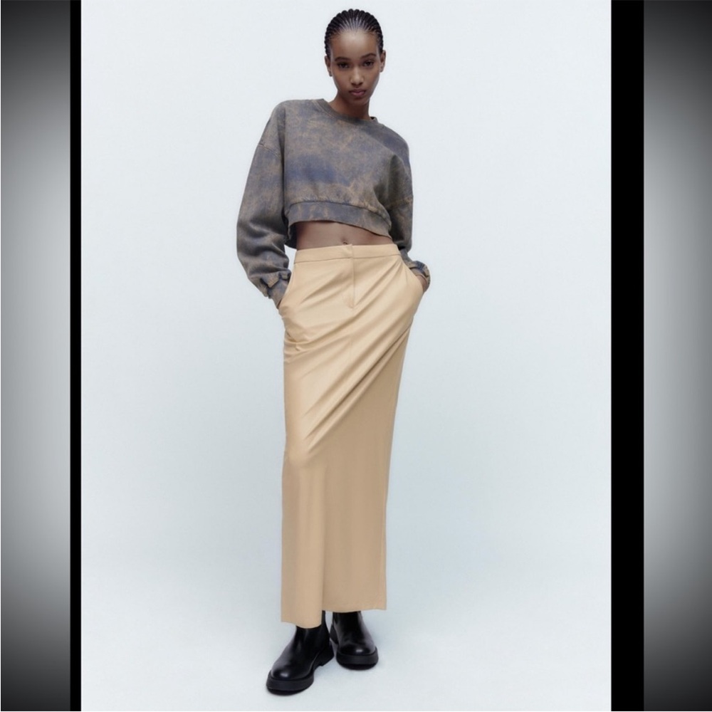 Zara tan faux leather midi skirt